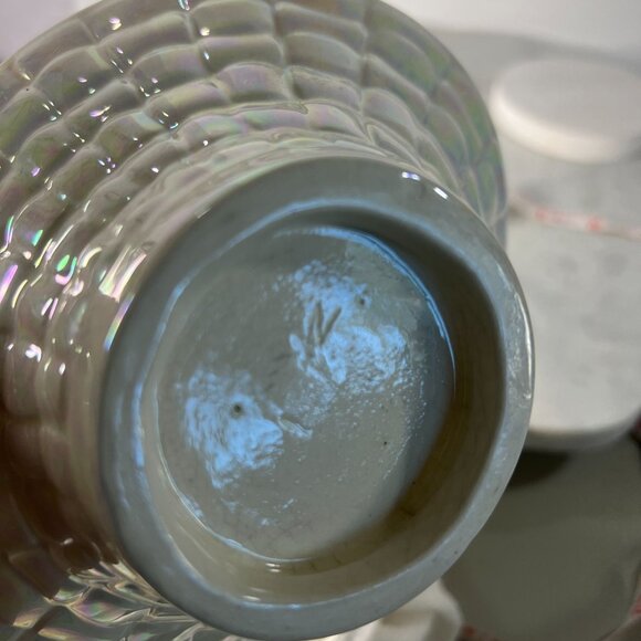 Vtg Iridescent Ceramic Basket Opalescence Twisted Handle Trinkets Flowers Crazed - Picture 8 of 8